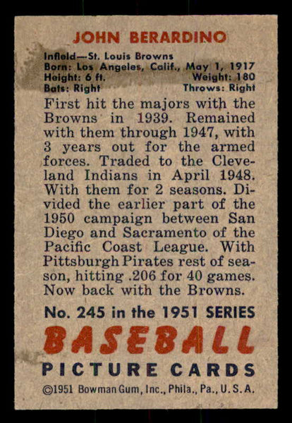 1951 Bowman Baseball #245 John Berardino Browns EX-MT 557020