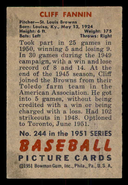 1951 Bowman Baseball #244 Cliff Fannin Browns EX-MT 557022