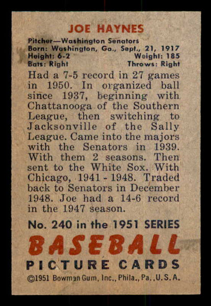1951 Bowman Baseball #240 Joe Haynes Senators EX-MT 557023