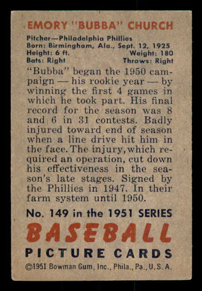 1951 Bowman Baseball #149 Bubba Church Phillies EX-MT 557024