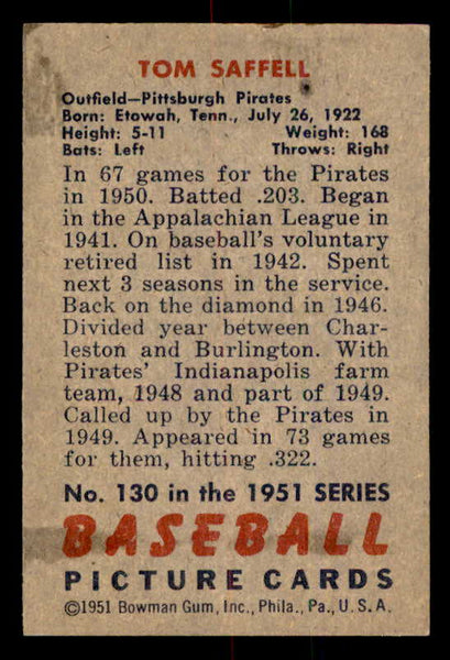 1951 Bowman Baseball #130 Tom Saffell Pirates EX-MT 557026