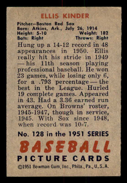 1951 Bowman Baseball #128 Ellis Kinder Red Sox EX-MT 557027