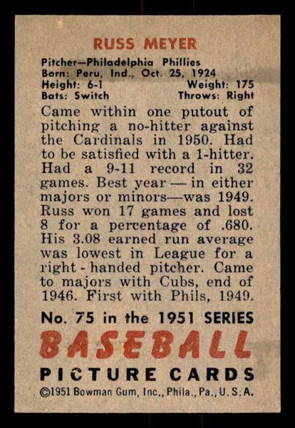 1951 Bowman Baseball #075 Russ Meyer Phillies EX-MT 557029