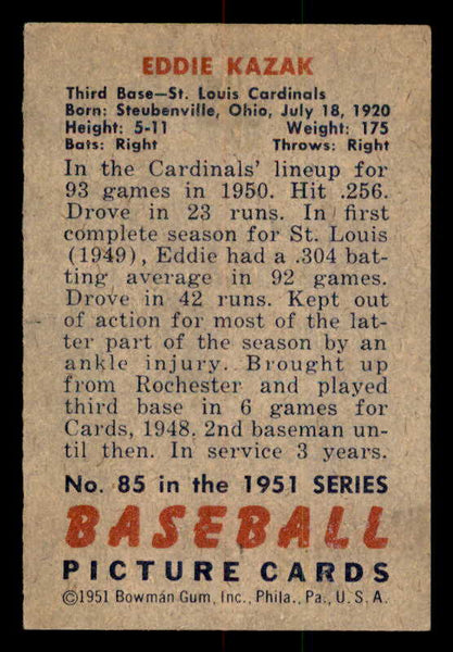 1951 Bowman Baseball #085 Eddie Kazak Cardinals EX-MT 557030