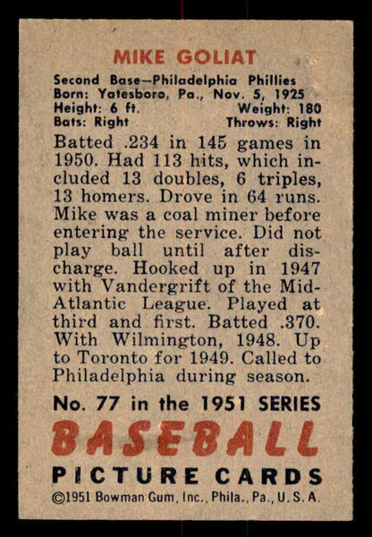 1951 Bowman Baseball #077 Mike Goliat Phillies EX-MT 557031