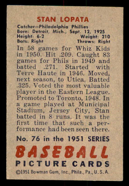1951 Bowman Baseball #076 Stan Lopata Phillies EX-MT 557032