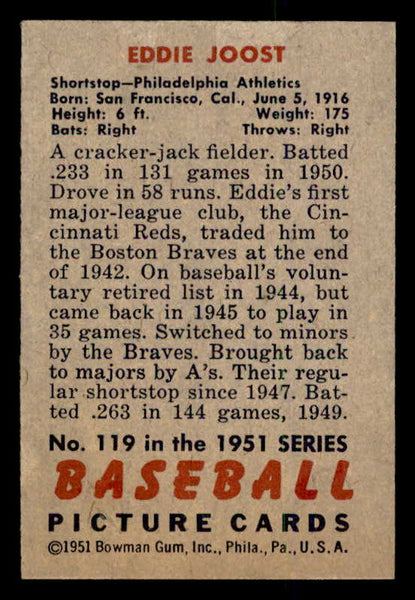1951 Bowman Baseball #119 Eddie Joost A's EX-MT 557036