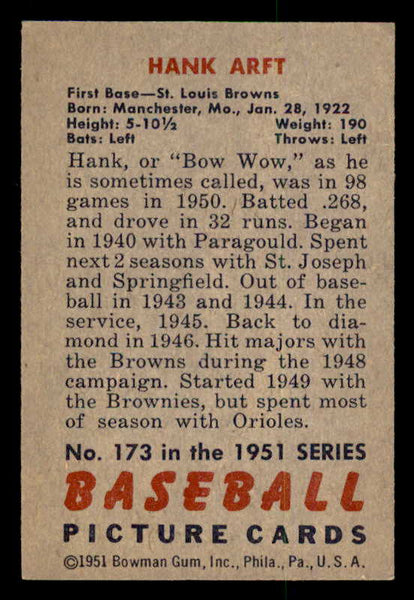 1951 Bowman Baseball #173 Hank Arft Browns EX-MT 557037