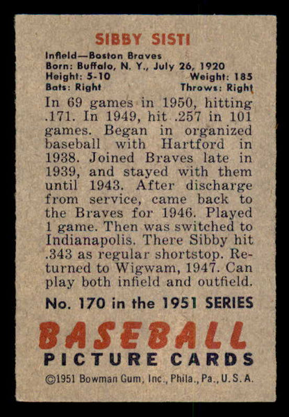 1951 Bowman Baseball #170 Sibby Sisti Braves EX-MT 557039
