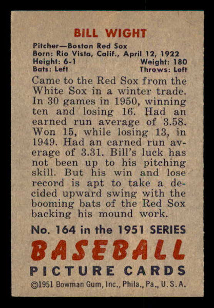 1951 Bowman Baseball #164 Bill Wight Red Sox EX-MT 557040