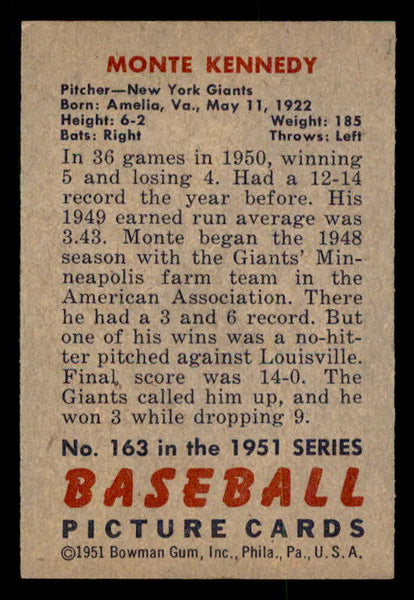 1951 Bowman Baseball #163 Monte Kennedy Giants EX-MT 557041