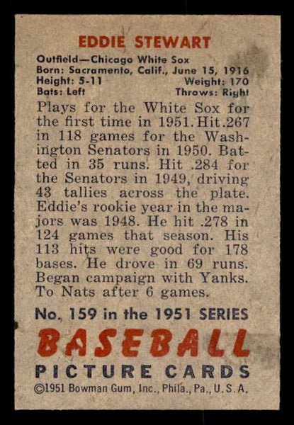 1951 Bowman Baseball #159 Eddie Stewart White Sox EX-MT 557042