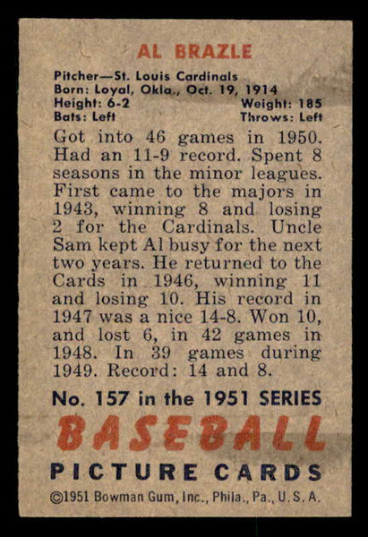 1951 Bowman Baseball #157 Al Brazle Cardinals EX-MT 557044