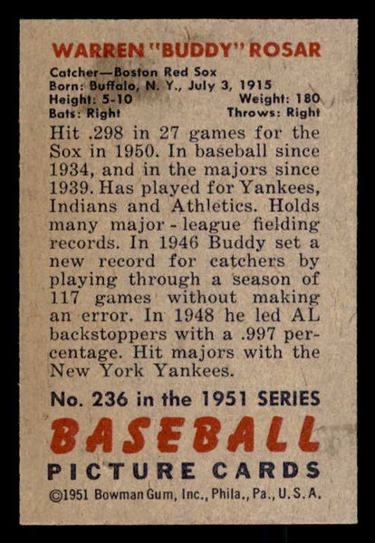 1951 Bowman Baseball #236 Buddy Rosar Red Sox EX-MT 557046