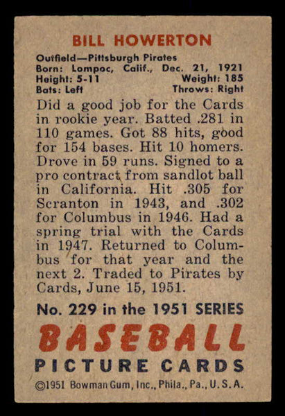 1951 Bowman Baseball #229 Bill Howerton Pirates EX-MT 557047