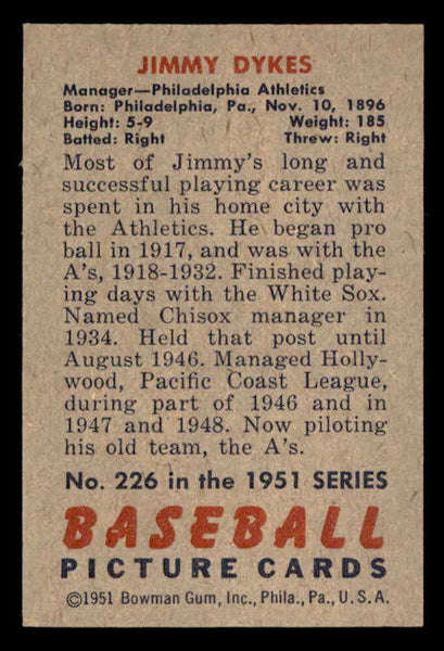1951 Bowman Baseball #226 Jimmy Dykes A's EX-MT 557048