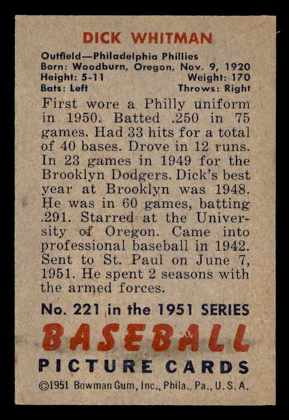 1951 Bowman Baseball #221 Dick Whitman Phillies EX-MT 557049
