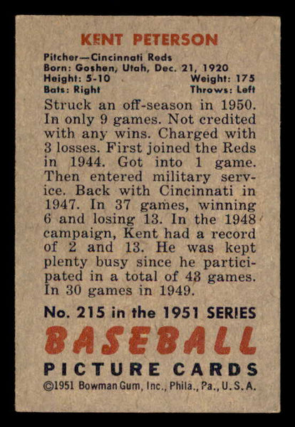 1951 Bowman Baseball #215 Kent Peterson Reds EX-MT 557050