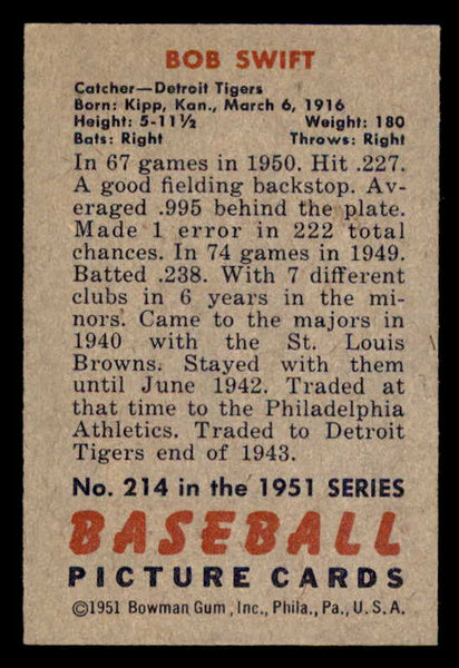 1951 Bowman Baseball #214 Bob Swift Tigers EX-MT 557051