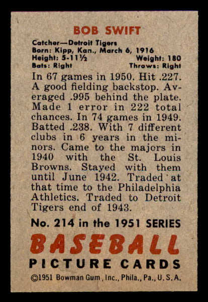 1951 Bowman Baseball #214 Bob Swift Tigers EX-MT 557052
