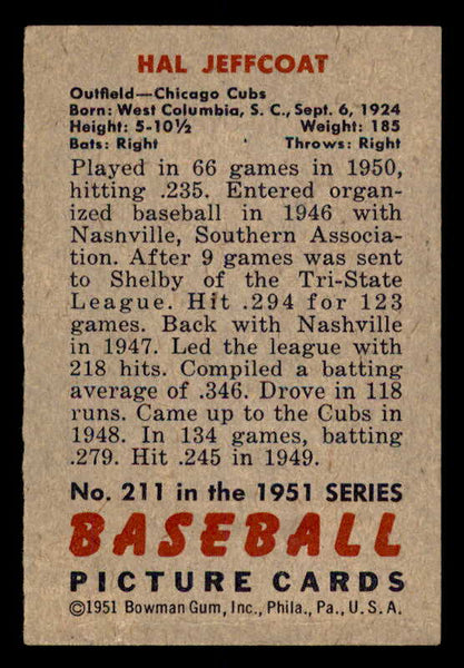 1951 Bowman Baseball #211 Hal Jeffcoat Cubs EX-MT 557053