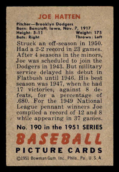 1951 Bowman Baseball #190 Joe Hatten Dodgers EX-MT 557056