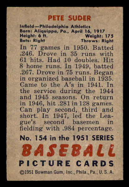 1951 Bowman Baseball #154 Pete Suder A's EX-MT 557060