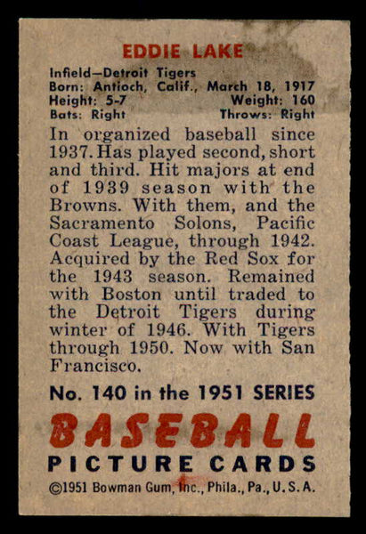 1951 Bowman Baseball #140 Eddie Lake Tigers EX-MT 557061