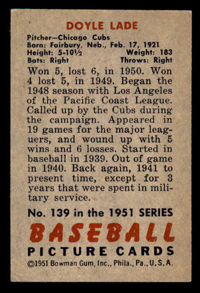 1951 Bowman Baseball #139 Doyle Lade Cubs EX-MT 557062