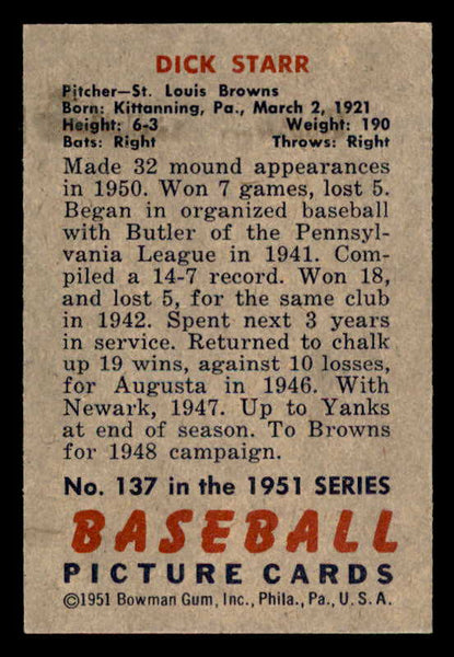 1951 Bowman Baseball #137 Dick Starr Browns EX-MT 557063