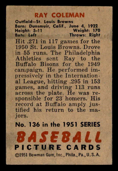 1951 Bowman Baseball #136 Ray Coleman Browns EX-MT 557064