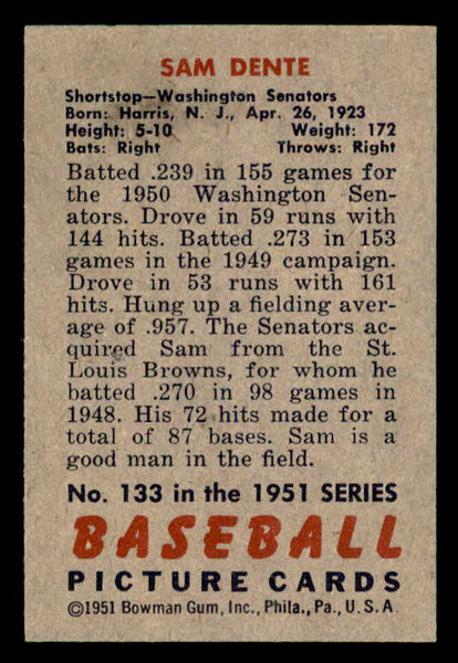 1951 Bowman Baseball #133 Sam Dente Senators EX-MT 557065
