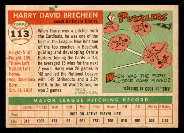 1955 Topps Baseball #113 Harry Brecheen Orioles EX 557068