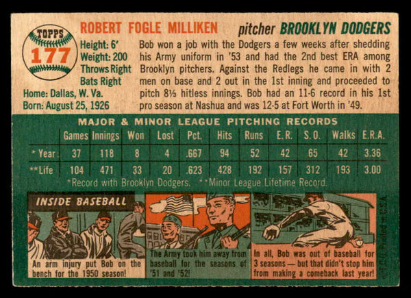1954 Topps Baseball #177 Bob Milliken Dodgers EX-MT 557088