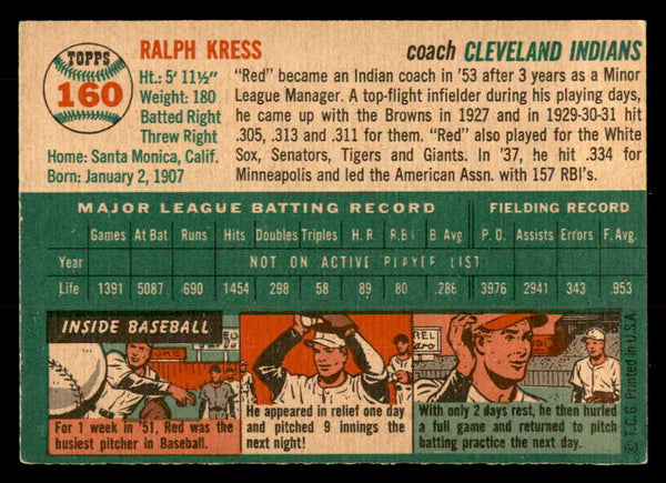 1954 Topps Baseball #160 Ralph Kress Indians EX-MT 557097