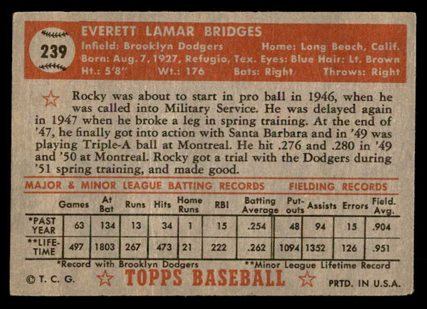 1952 Topps Baseball #239 Rocky Bridges Dodgers VG-EX 557106