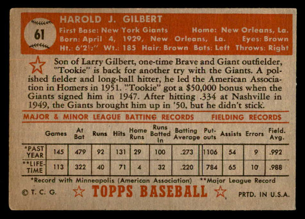 1952 Topps Baseball #061 Tookie Gilbert Giants VG-EX Red 557108