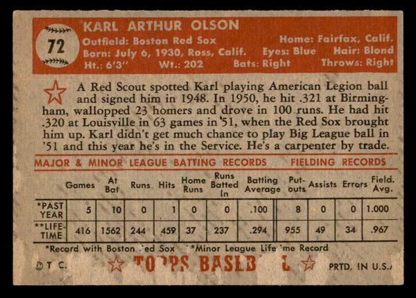1952 Topps Baseball #072 Karl Olson Red Sox Good Red 557109