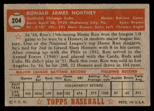 1952 Topps Baseball #204 Ron Northey Cubs VG-EX 557110