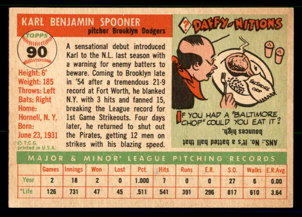 1955 Topps Baseball #090 Karl Spooner Dodgers EX-MT 557119