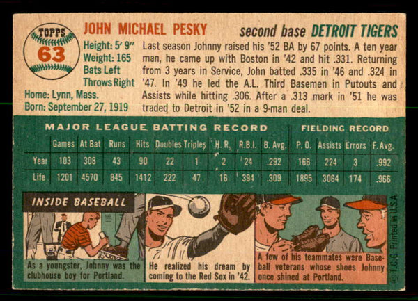 1954 Topps Baseball #063 Johnny Pesky Tigers EX-MT 557136