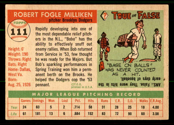1955 Topps Baseball #111 Bob Milliken Dodgers EX-MT 557138