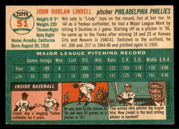 1954 Topps Baseball #051 Johnny Lindell Phillies EX-MT 557169
