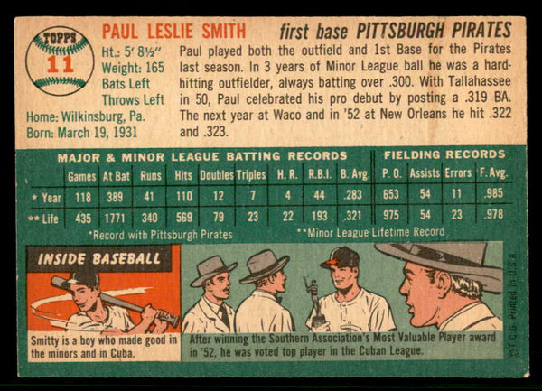1954 Topps Baseball #011 Paul Smith Pirates EX-MT 557180