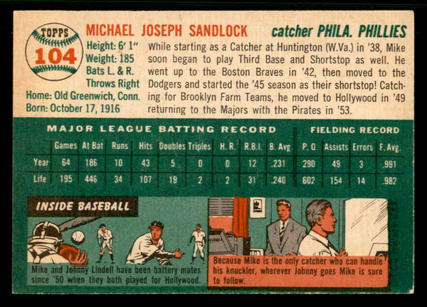 1954 Topps Baseball #104 Mike Sandlock Phillies EX-MT 557184