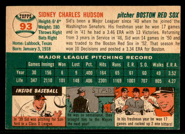1954 Topps Baseball #093 Sid Hudson Red Sox EX-MT 557188