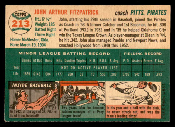 1954 Topps Baseball #213 John Fitzpatrick Pirates EX-MT 557223