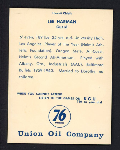 1961 Union Oil Lee Harman Hawaii Chiefs NR-MT 557254