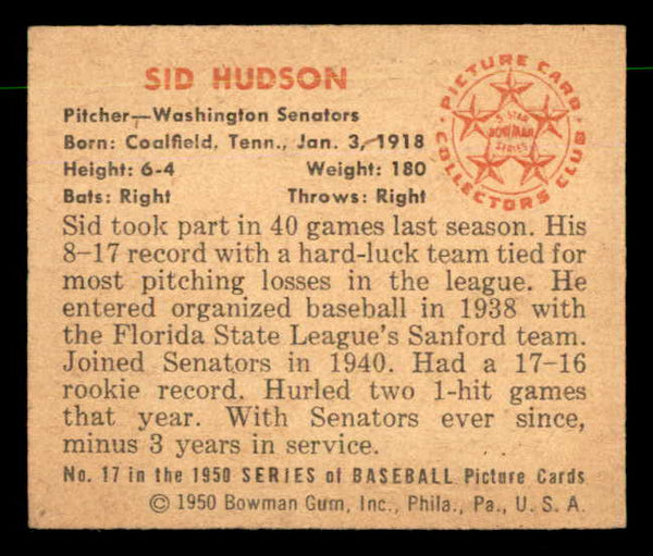 1950 Bowman Baseball #017 Sid Hudson Senators EX-MT 557272