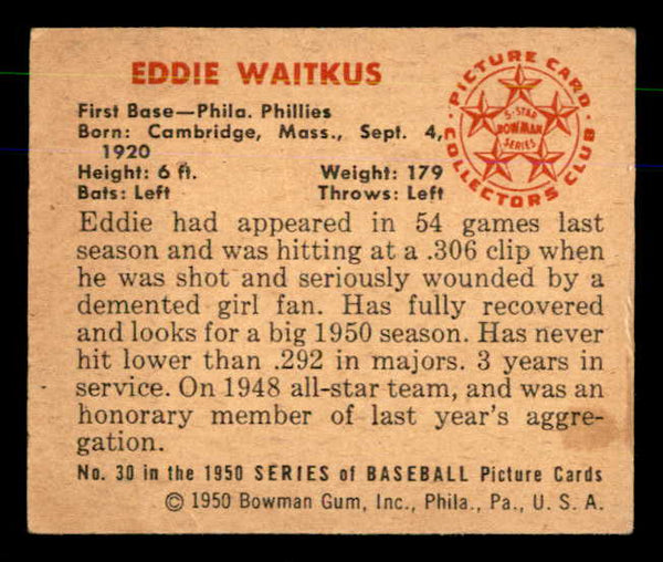 1950 Bowman Baseball #030 Eddie Waitkus Phillies EX-MT 557277